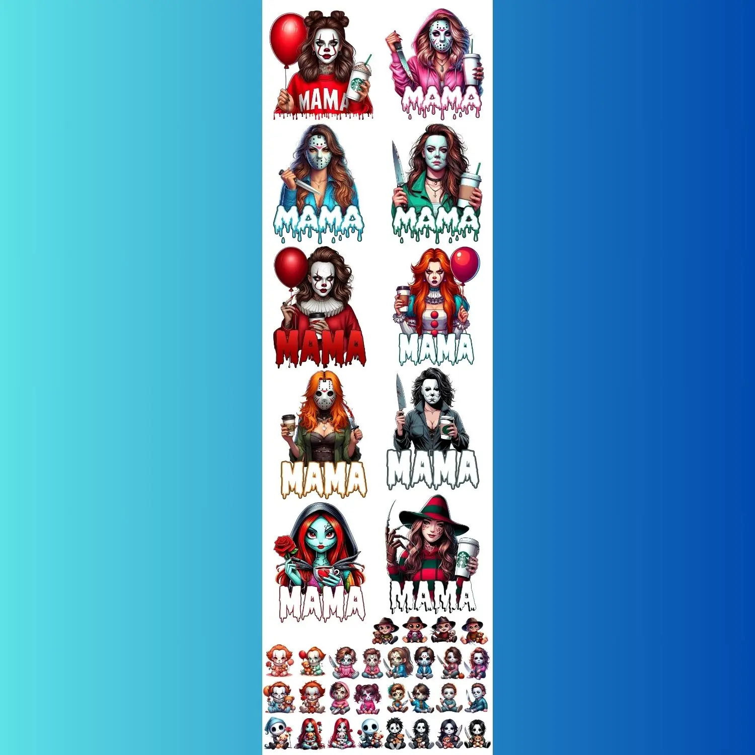 Horror Mama Halloween Premade DTF Gang Sheet-10 Adult Prints & Kids Sleeve Prints Fitted Design for Heat Press Application Gangsheet