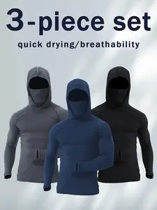 3-piece set men's outdoor work sun protection  with sun-blocking hoodie, featuring built-in face mask and neck guard, breathable long-sleeve hoodie men hoodies clothing