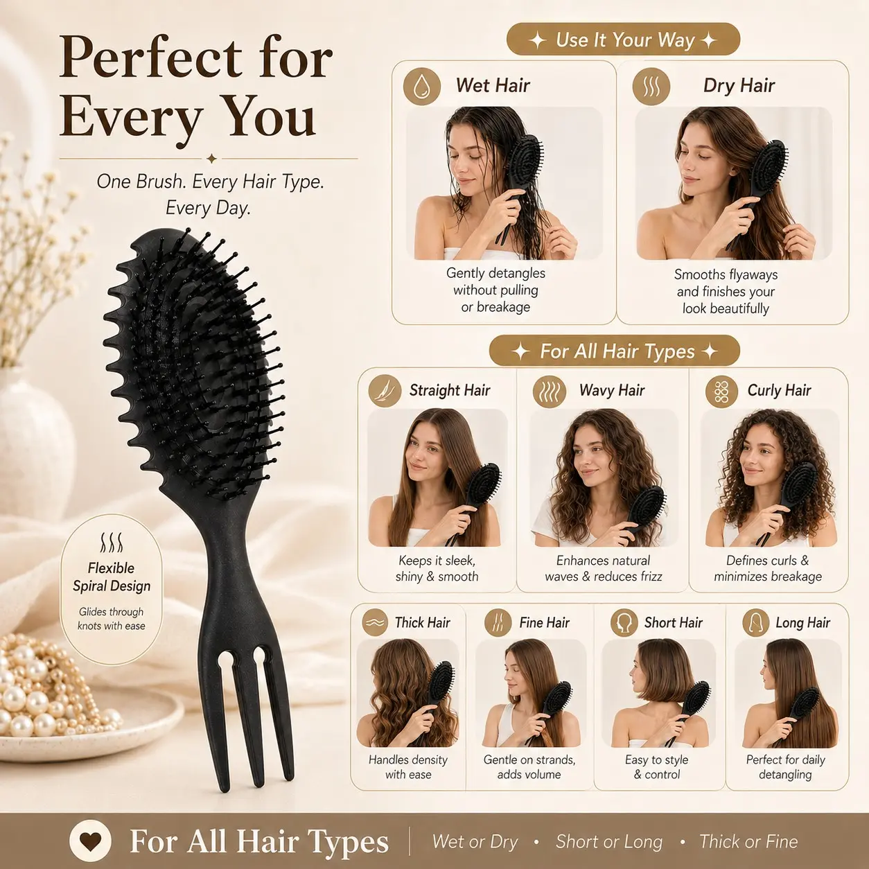 💗【Wet & Dry Brush】Flexible Spiral Detangling Brush for Curly Hair, Smooth Styling, Comfortable Grip, Daily Use, Detangle Brush, 6 Colors Available