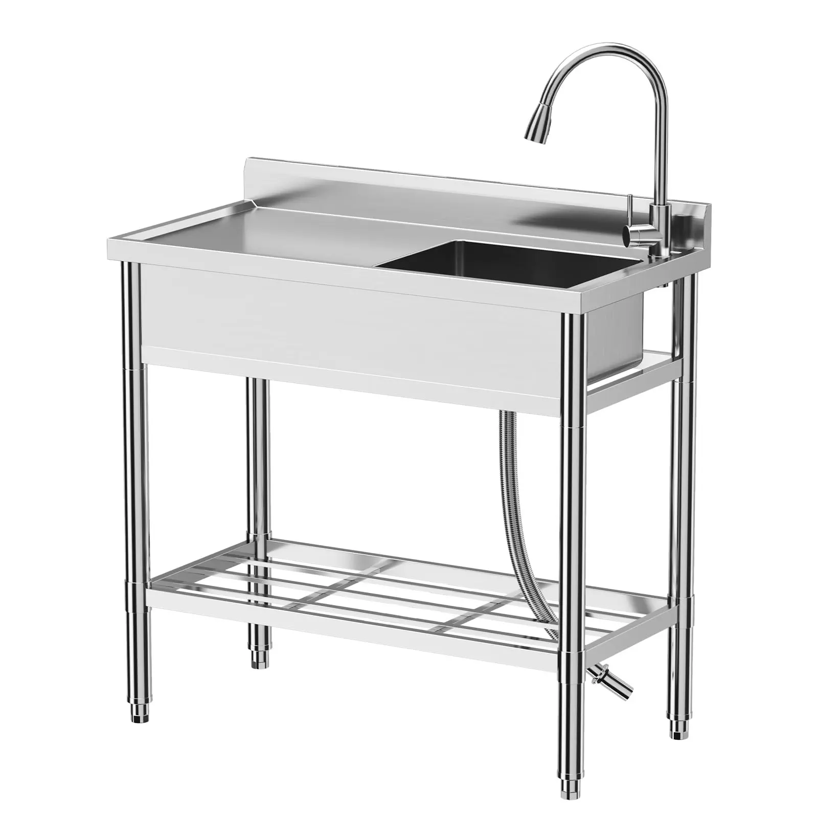 Heavy Duty Stainless Steel Utility Basin with Deep Single Bowl and Work Table - Pull Out Faucet, Backsplash, and Undershelf Storage - Freestanding Commercial Prep Basin for Kitchen, Restaurant, Garage, Laundry Room