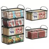 Msercuor Stackable Wire Freezer Organizer Storage Bins - Black 4-Pack, Durable Rustproof Stainless Steel Wireframe Baskets, Open-Frame Design, Airflow-Friendly, Drawer-Ready Fit, Space-Saving Lift-to-Grab Access (2/6/8 Multiple Packs Options)