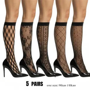 5 Pairs Women's Fishnet Knee High Socks, Sexy Floral Lace Mesh Hollow Out Calf High Stockings with Comfort Elastic Band, Multi-Pattern Pack for Party & Daily Wear