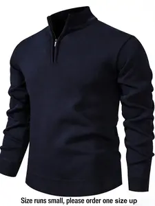 Men's Half-Zip Stand Collar Fleece-Lined Sweater for Fall & Winter, Youthful Casual Trend Solid Color Knit Top, Comfortable Versatile Menswear, Winter Warm Pullover