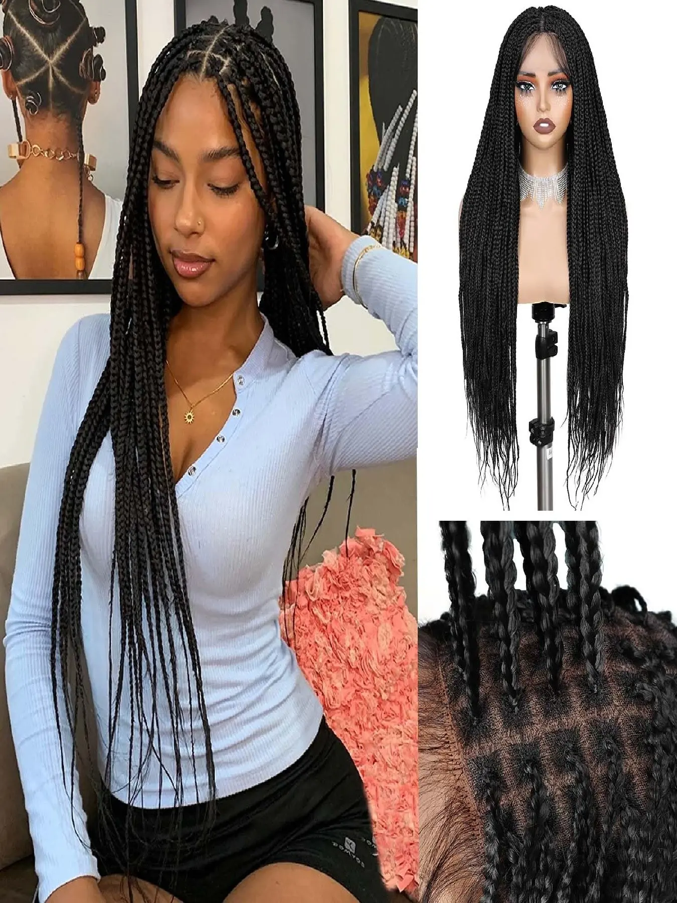 30inch Full Lace Braided Wigs for Black Women Knotless Box Braid Wig with Baby Hair Box Braids Lace Front Synthetic Wig Glueless Synthetic Wig Synthetic Material Wigs Braiding Wig