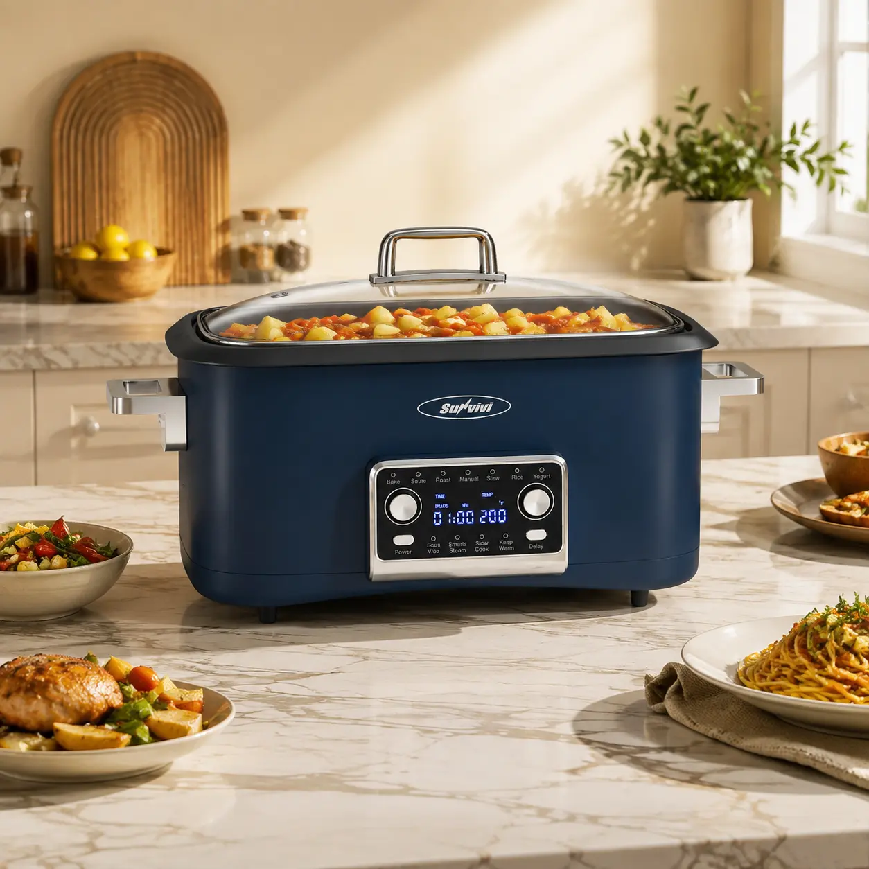 Sunvivi 8 Quart Slow Cooker Roaster Oven, 12 in 1 Programmable Multi-Cooker Food Warmer with Digital Timer, Temp Control, Removable Cast Aluminum Pot & Dishwasher-Safe Tempered Glass Lid, Blue Multifunction Appliance  Ricecooker，home essential
