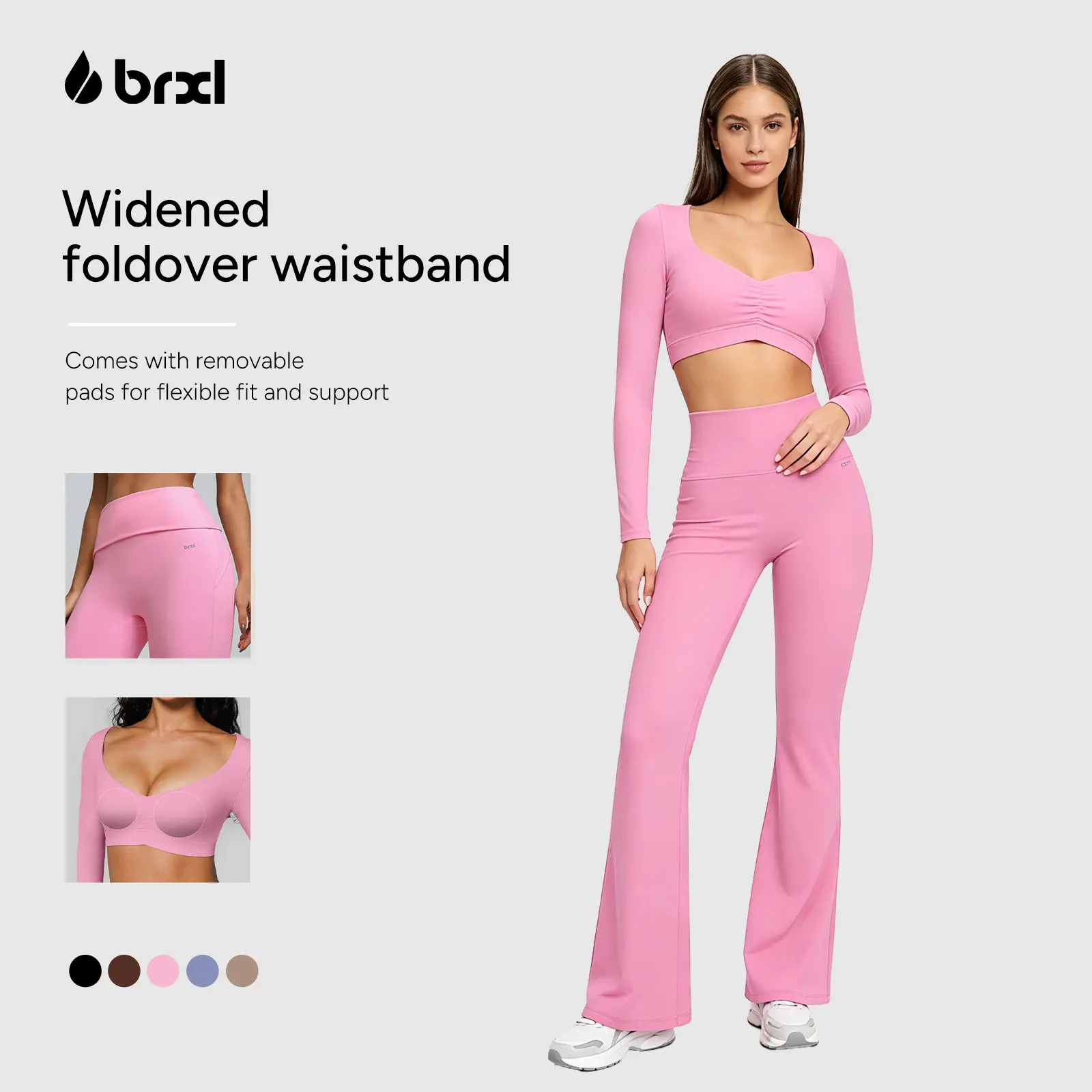 BRXL Women's Workout Sets, 2-Piece Buttery Soft Deep V-Neck Top & Foldover Flare Leggings, No Front Seam Yoga Lounge Pants for Tall Women 31" Inseam, Athleisure Activewear Set, Sports Activewear Set