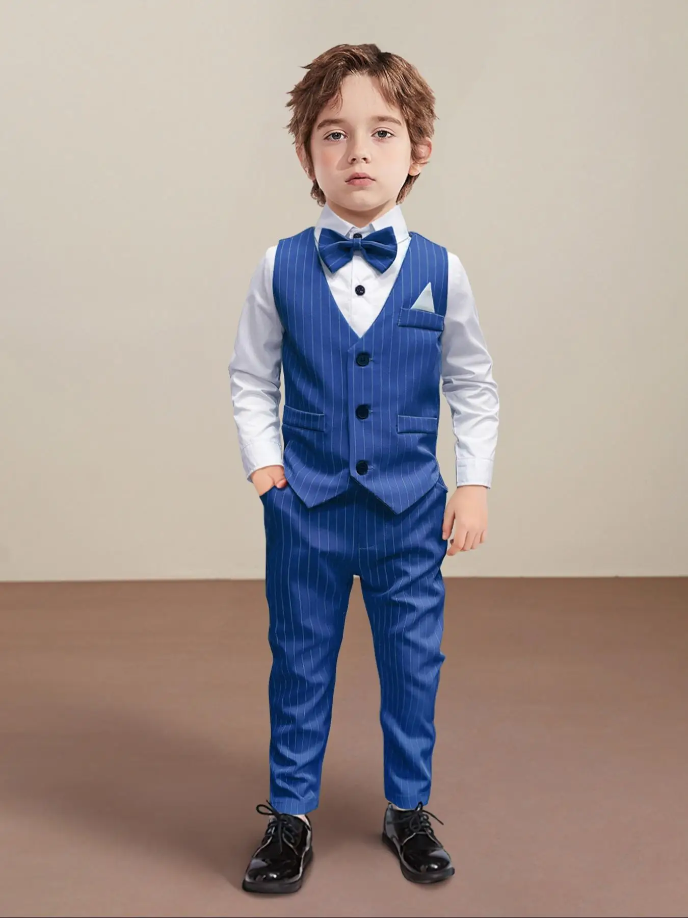 Boy's Plain Long Sleeve Shirt & V Neck Striped Print Button Front Vest & Striped Print Pocket Pants & Bow Tie Four-piece Set, Elegant School Performan