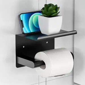 Wall-mounted toilet paper rack, Toilet paper dispenser holder, suitable for extra-large rolls, matte black, anti-rust stainless steel self-adhesive, black bathroom toilet paper roller