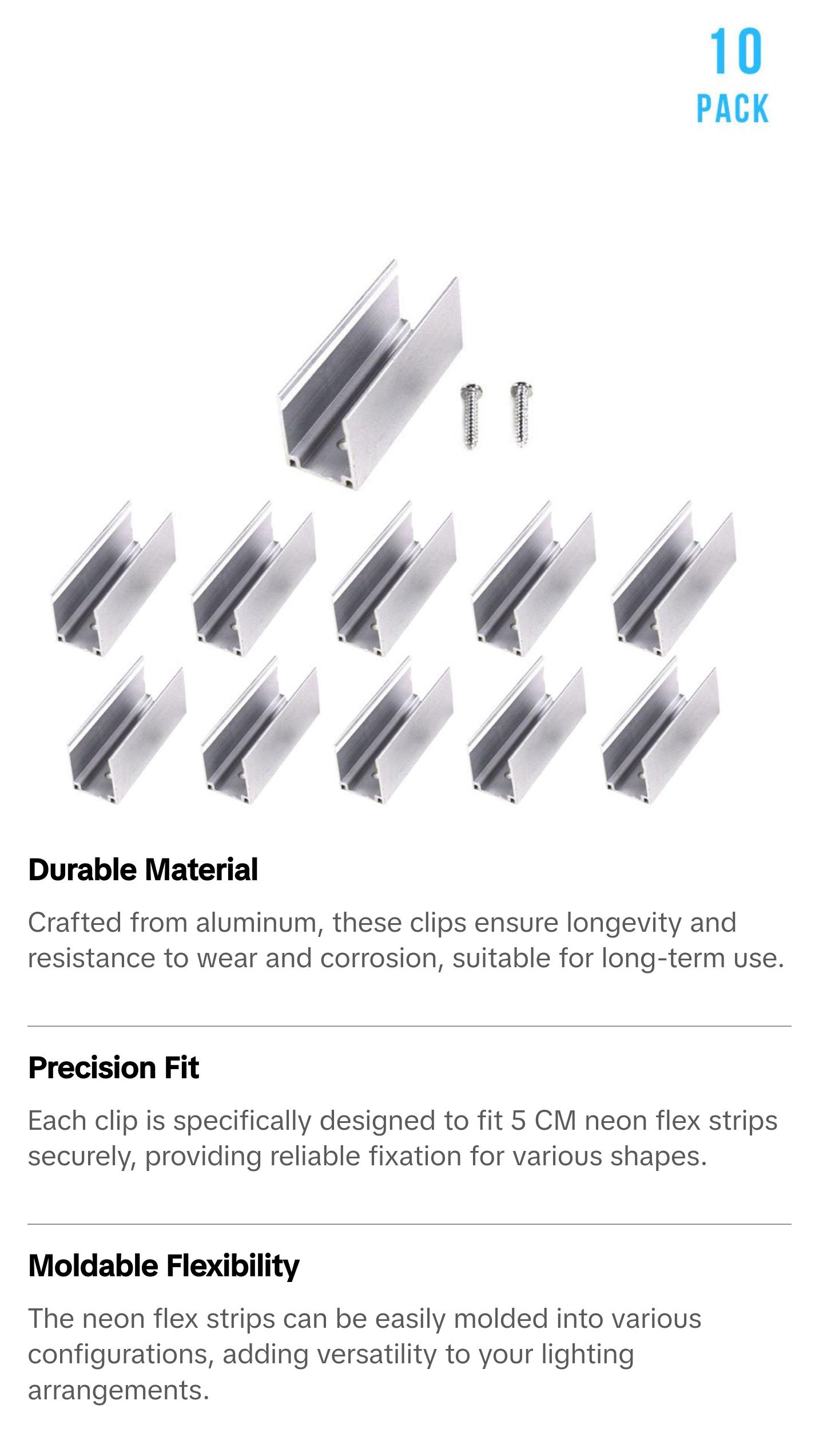 5CM Aluminum Clips For Flexible Neon Rope Light - 10-Pack