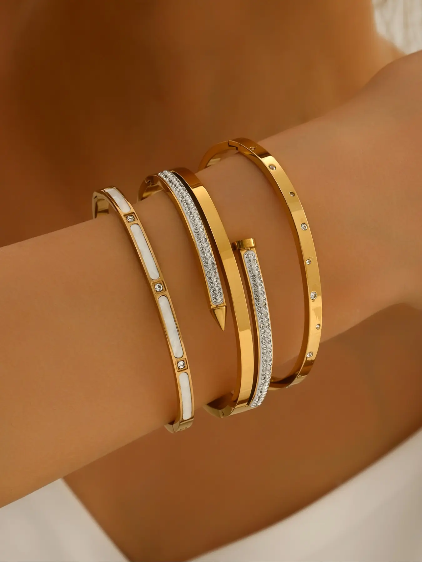 3pcs Elegant Luxury Zircon Stainless Steel Bracelet Set, 18k Gold Plated Mirror Polished, Waterproof, Women's Jewelry Gift, Stack Bangle, Bracelets Bangles