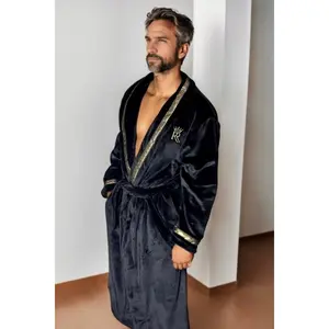 Black Royalty Robe with Gold Greek Key Trim- soft plush fleece mens bathrobe with pockets - mens casual wear housecoat Long Sleeve Nightwear Menswear Loungewear
