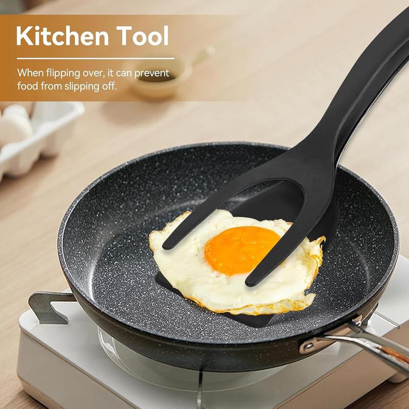 2-in-1 Silicone Shovel & Tweezers Tongs - Black Egg Flipper Pancake Steak Turner Omelet Maker Spatula Fish French Toast Tongs for Home Kitchen Cooking Tools Utensils