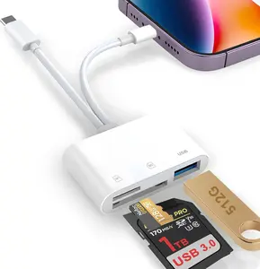 5-in-1 SD Card Reader for iPhone,iPad,USB-C Devices,  Lightning/USB-C Dual Port Adapter, Supports SD/MicroSD & USB 3.0, Fast Transfer, Plug & Play, No App Needed