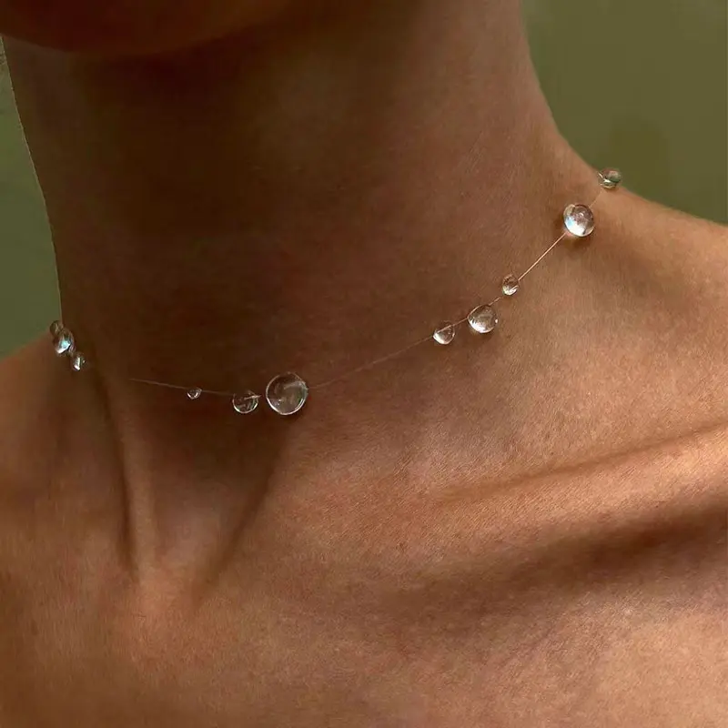 Unisex Minimalist Premium Collarbone Necklace - Invisible Line, Transparent Water Drops, Unique Niche Design, Cool Vibe, Versatile Neck Chain, Refined Look, Neckline