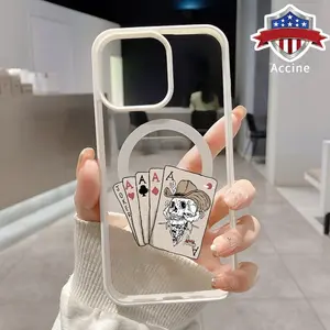Magnetic Phone case for iPhone 16 Pro Max 15 Plus 14 13 12 11 XR XS E Cowboy Skulls and Cards Pattern Non-Yellowing Shockproof Soft Silicone Transparent Acrylic Cover Supports Wireless Charging