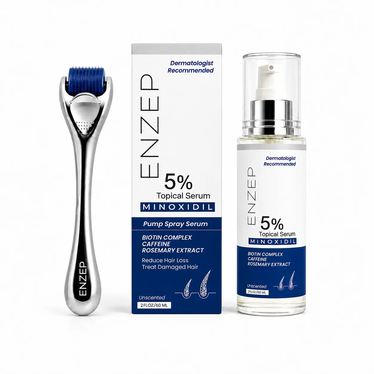 ENZEP Minoxidil 5% Hair Growth Kit with Derma Roller, Beard & Scalp Regrowth Treatment for Men & Women, Microneedling Solution,  Haircare, 60ml