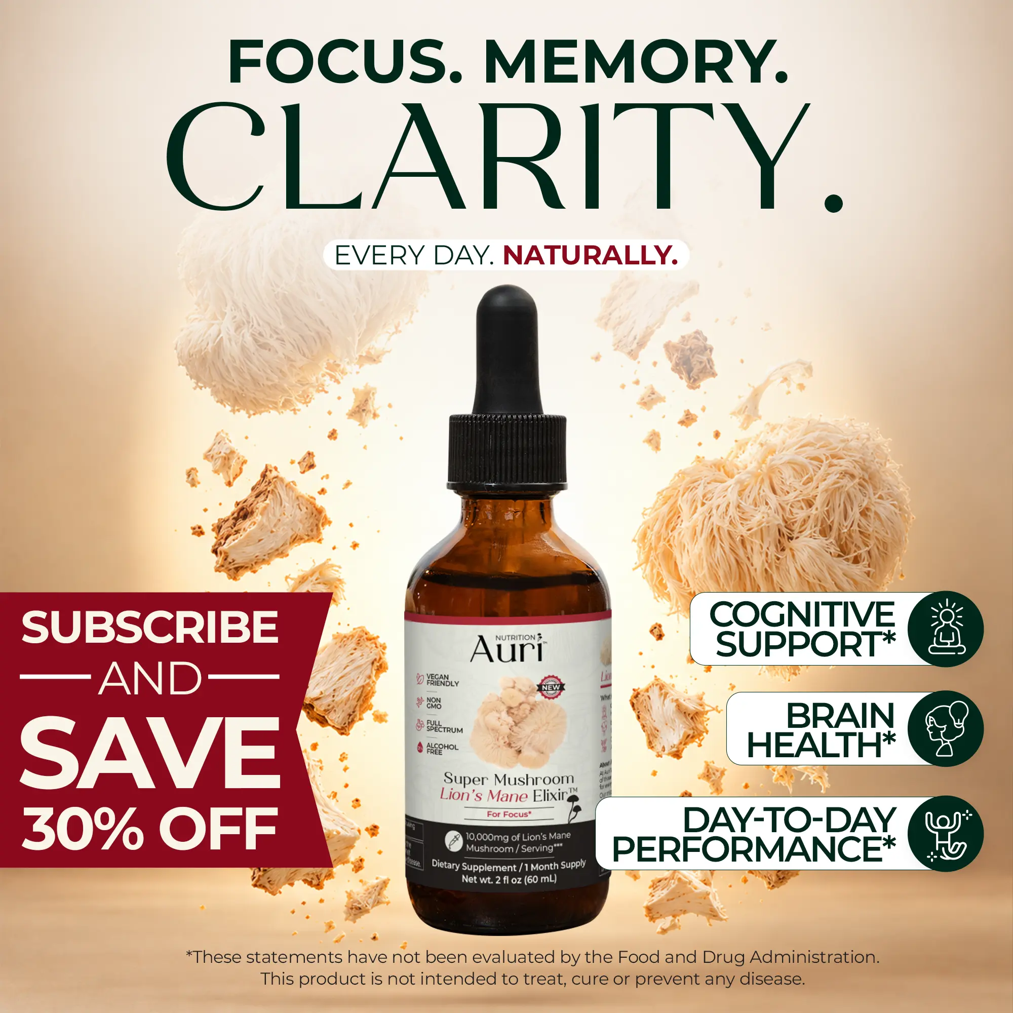 Super Mushroom Lion's Mane Elixir - Antioxidant, Alcohol Free, Sugar Free, Vegan, 30 servings, FallFreshness