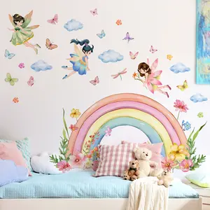 A set (30*90cm*3pcs) rainbow flower fairy elf butterfly nursery wall stickers for living room, hallway, corridor and children's room, home decoration and beautification stickers, Bedroom Decor