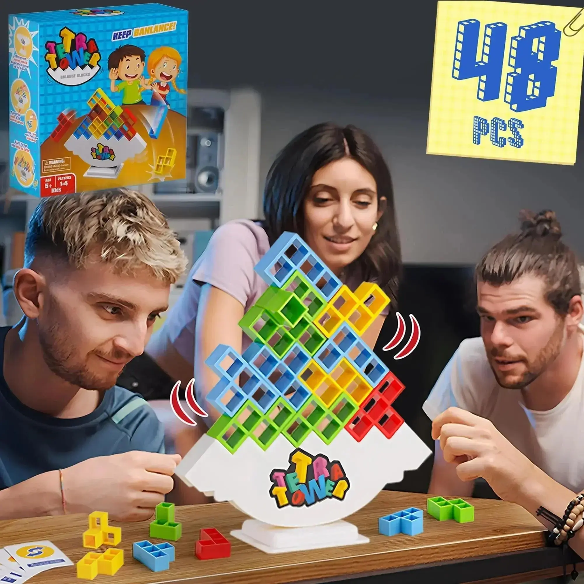 Unisex Tetra Tower Balance Stacking Blocks Puzzle Game, 48-Piece Set with Steel Clamps, Stress Relief Classic Novelty Kids Toys for Family Team Activity Game Night, Skin-Friendly Toy for All Ages