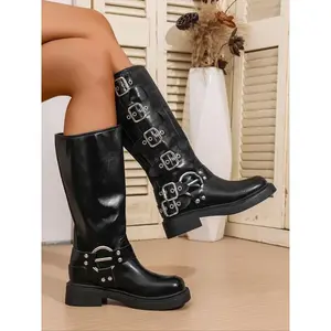 Vintage Mid-Calf Knight Motorcycle Boots, Classic Design, Retro Finish, Anti-Slip Sole, Stylish for Riding & Street Wear