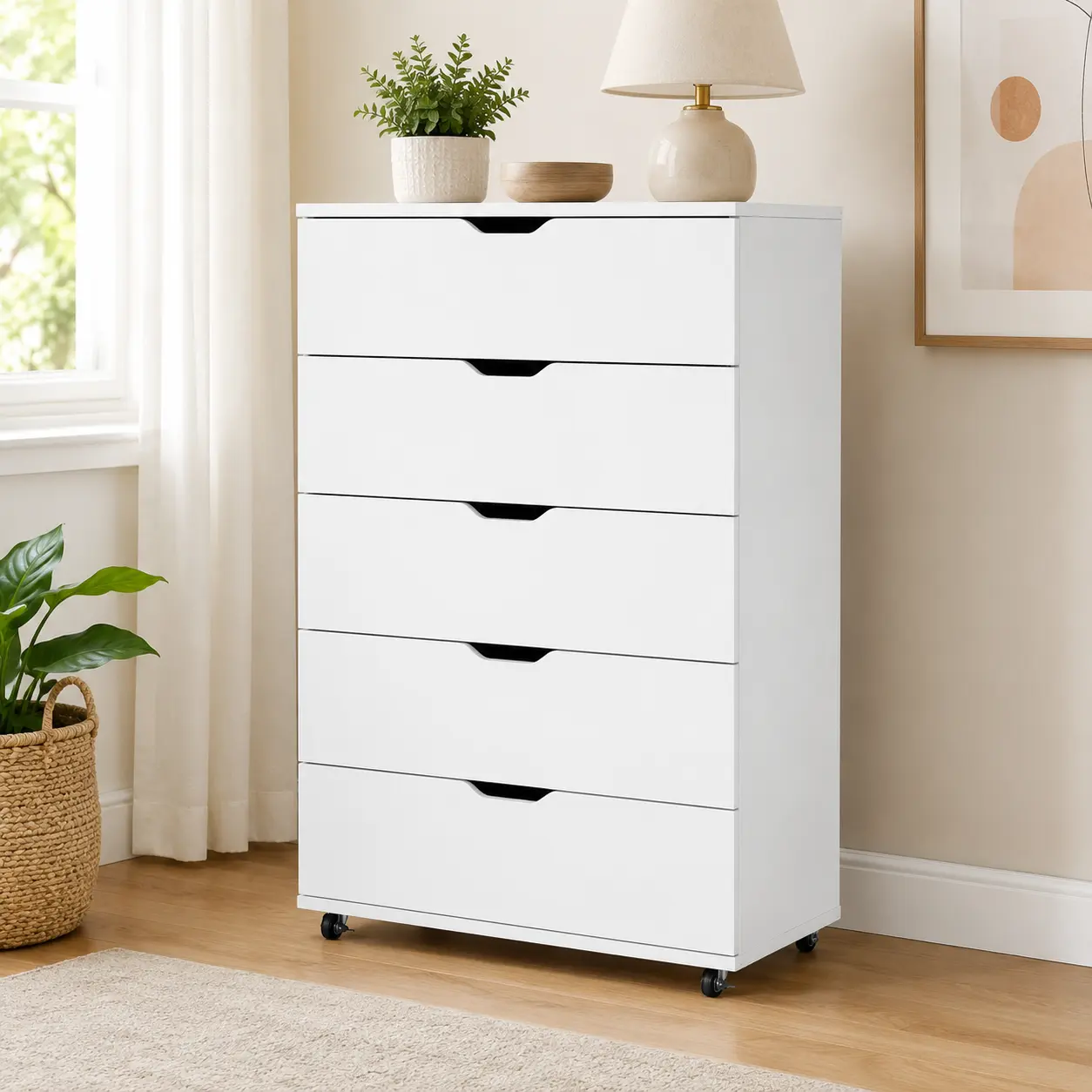 5 Drawer Dresser with Locking Casters, Modern Wide Wooden Chest Closet Storage Organizer  for Bedroom, Living Room, Hallway, Entryway