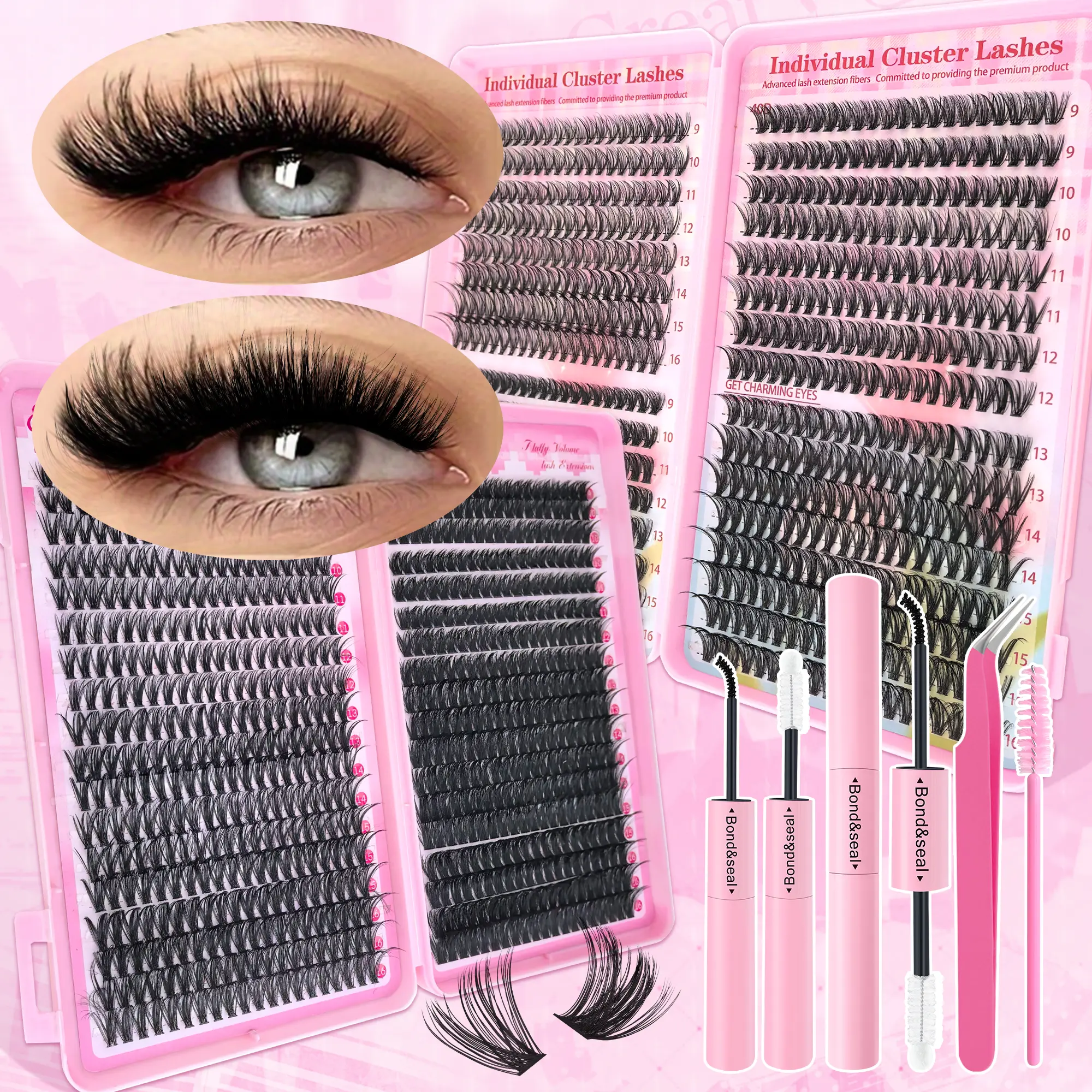 720pcs 40D-80D Natural Eyelash Clusters Kit with Glue & Tweezers, 8-16mm Mixed Styles 3D Fluffy D Curl Reusable Waterproof Lash Clusters for DIY Lashes Makeup
