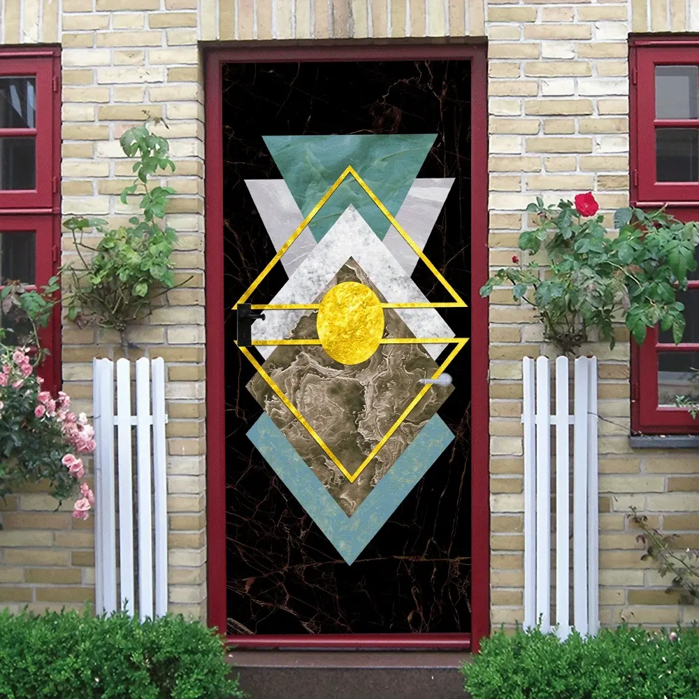 2 Modern Geometric Abstract Wall Stickers Nordic Style Living Room Entrance Decorative Stickers Self Adhesive Removable Marble Texture Art Decals Gold Line Triangle Combination Wall Decor Home Wall Beau