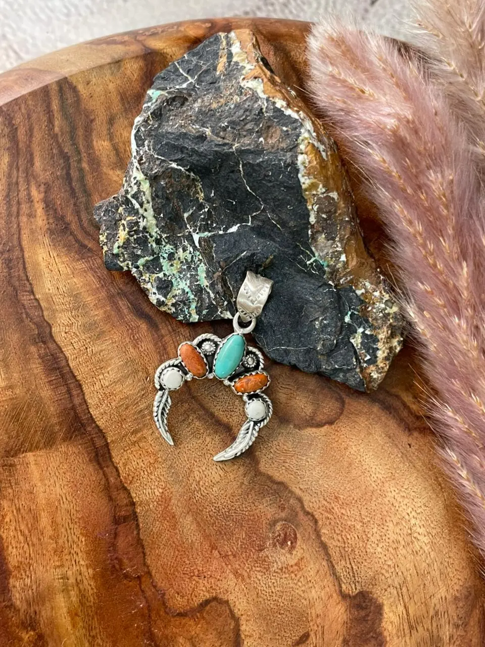 Handmade Sterling Silver Kingman Turquoise with Orange Mojave Pendant "Signed Nizhoni"