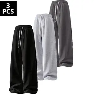 Unisex 3-Piece Wide-Leg Pants Set - 100% Polyester, Breathable High Elasticity, Multi-Colors, Plus Size Spring Autumn Sports Bottoms