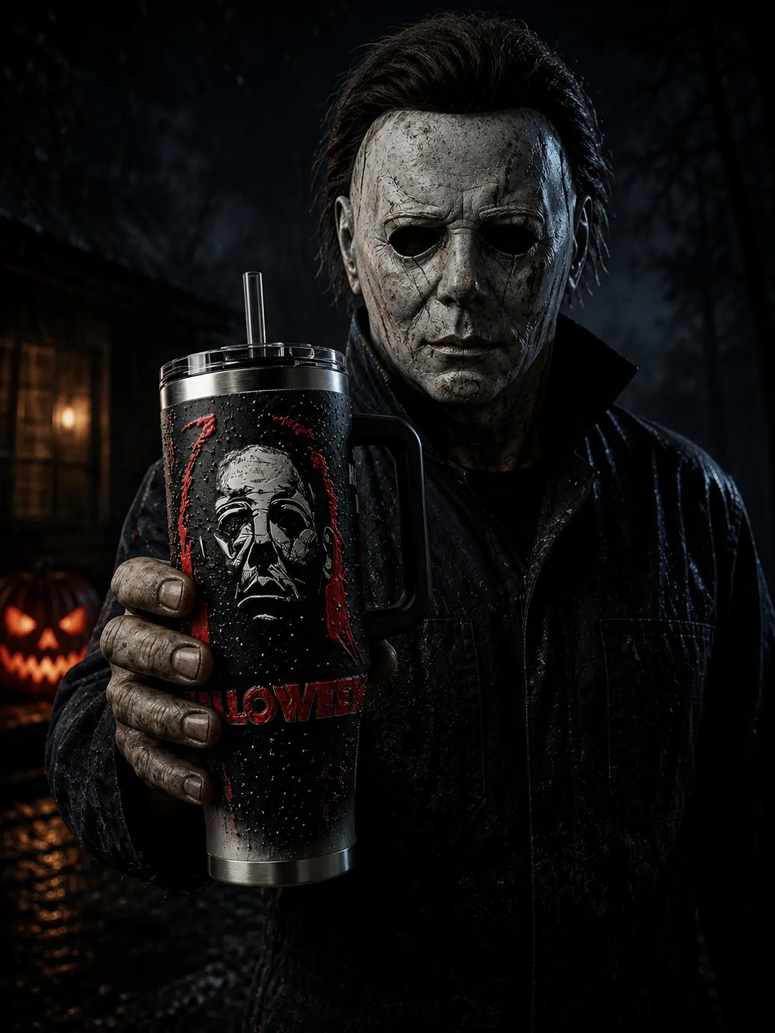 Michael Myer Halloween Horror Movie 40oz Stainless Steel Tumbler With Handle, Horror Movie Collector Vacuum Insulated Stainless Steel Travel Mug Gift, Halloween Theme Tumbler