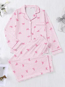 Women's Sleepwear Set, Bowknot Printed Pajamas, Comfortable Lapel Top and Long Pants, Casual All Seasons Wear, Fitted Style