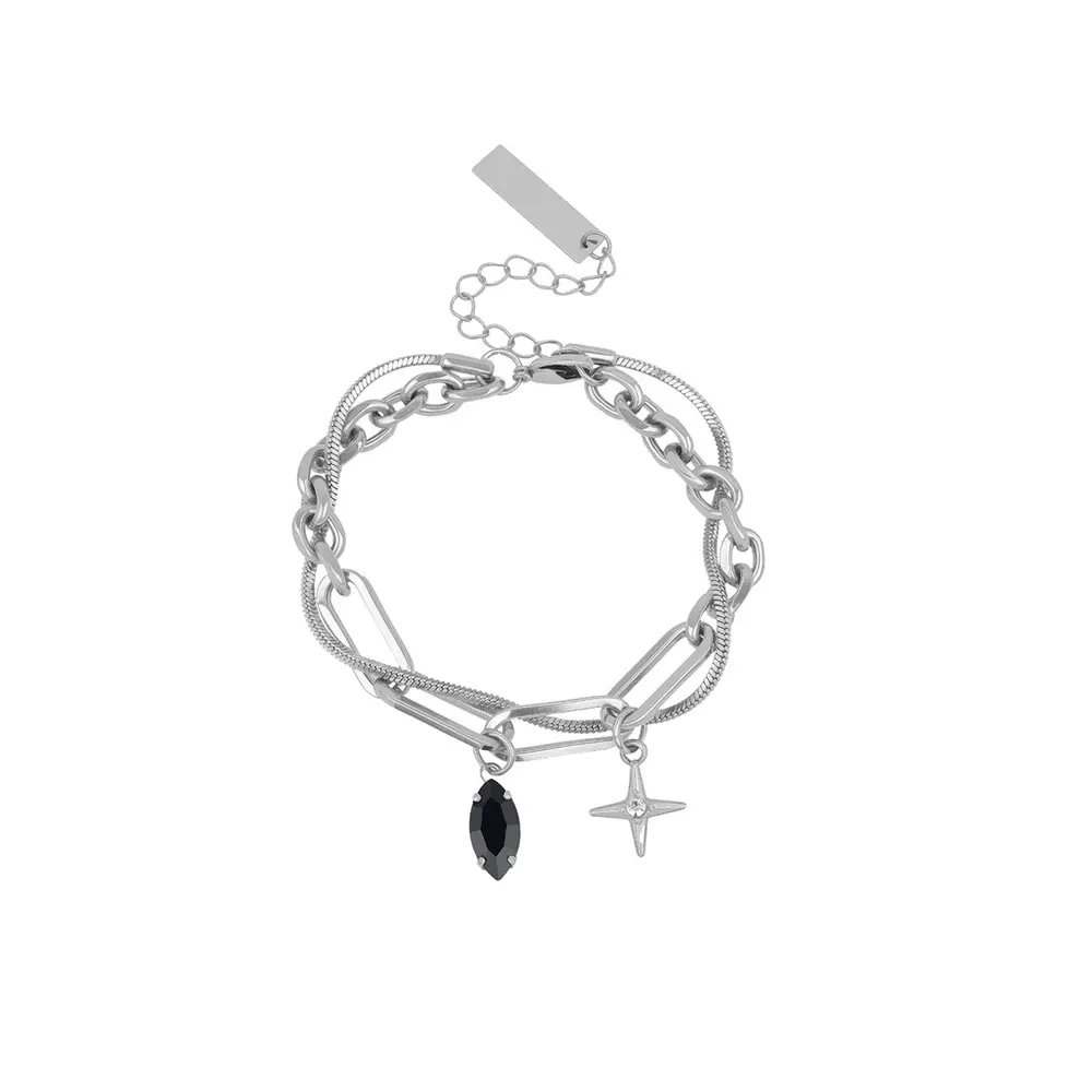 Four Pointed Star Black Gemstone Bracelet for Women Men, Double Wrap Titanium Steel Bangle, High-End Unisex Wrist Accessory Must-Have