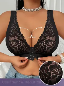 Women's Full Coverage Bra, Plus Size Everyday Ditsy Floral Medium Support Lace Push-Up Front Hook Buckle Closure, Soft Breathable Underwear, Comfortable and Stylish