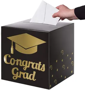 Graduation Card Box Holder, Congrats Grad Foldable Cardboard Decorations Box for Graduation Party Decoration and Grad Parties (Black) Partico
