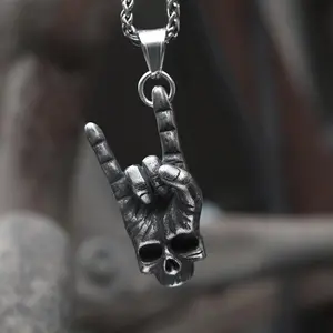 GTHIC Stainless Steel Dark Rock Skull Necklace Gothic Pendant for Men Women Gifts