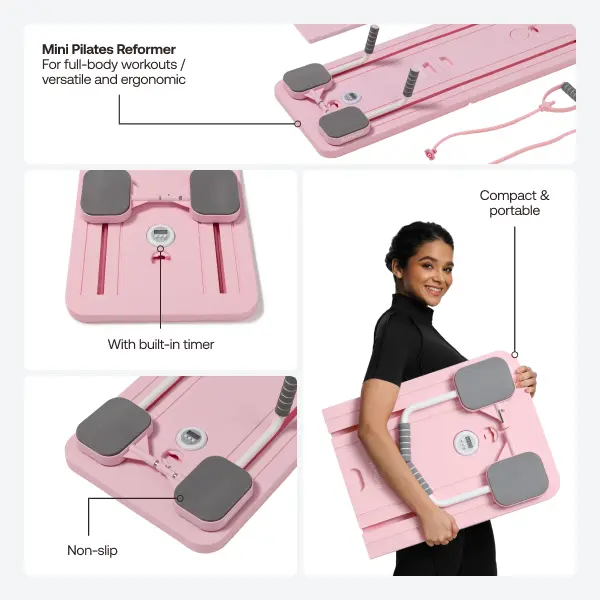 BetterMe Raspberry Pink Pilates Reformer - Strong Pilates Machine, Compact Foldable Portable Fitness Accessories for Adults' Home Workout, Core Strength & Full-Body Training, Space-Saving for Your Routine
