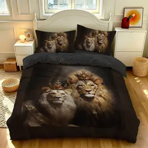 3-piece quilt cover set (1 quilt cover +2 pillowcases, no core) Dark light luxury style Lion King couple bedding Black crown Lion oil painting print Soft and comfortable bedding, suitable for use in all rooms including hotel bedrooms