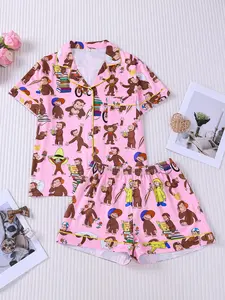 Women's 2 Piece Curious George Cartoon Print Pajamas Set, Cute Monkey Pattern Short Sleeve Button Down Shirt & Shorts Loungewear, Soft Comfy Sleepwear with Chest Pocket & Elastic Waist, Casual All-Season Homewear for Daily Relaxation