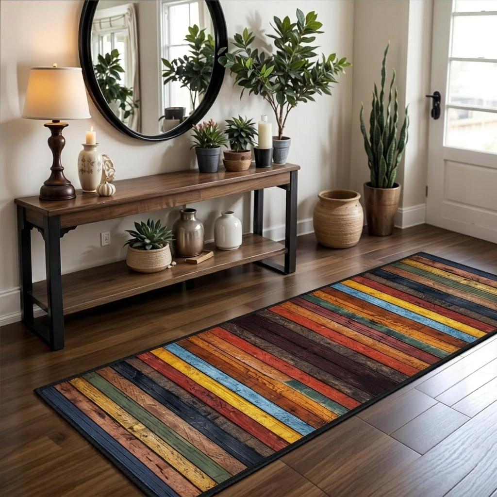 2x10 Colorful Rustic Wood Runner Rug – Washable Non-Slip Kitchen Rug, Soft Low Pile Carpet Perfect for Hallway, Laundry & Pet-Friendly Homes