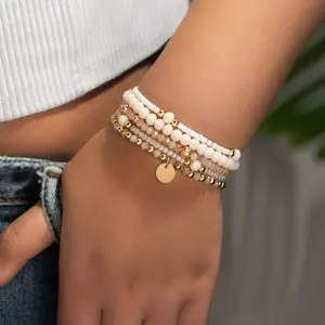5PCS Bohemian Chic Handmade Beaded Stretch Bracelet Set Elegant Women Golden Round Pendant Chain Vintage Multi-layer Elastic Bangle Stackable Rice Beads Bracelet Everyday & Party Wear Jewelry