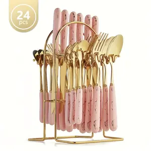 24-Piece Imitation Marbled Ceramic Handle Kitchen Stainless Steel Silverware Set, Modern Tableware Sets, Premium Tableware & Flatware Cutlery Including Knives, Forks, and Spoons, Designed for 6 People, Complete with a Stylish Cutlery Hanging Rack
