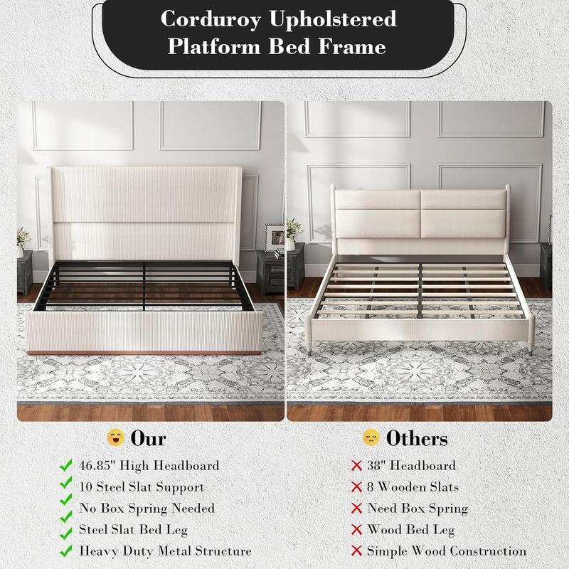 Queen Size Upholstered Bed Frame, Soft Corduroy Platform Bed with 47" Luxury Wingback Headboard, Solid Steel Slats Support, No Box Spring Needed, Noise Free, Easy Assembly, Cream