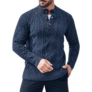 PASLTER Mens Mock Neck Pullover Sweater Casual Slim Fit Cable Knit Button Up Thermal Lightweight Winter Sweaters Knitwear Menswear Tops