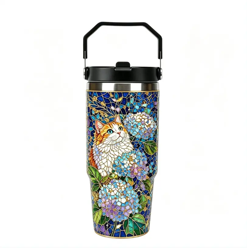【Pet lover】30oz Tumbler with Handle Lid, Stainless Steel Vacuum Insulated Travel Cup, Leak Proof Cup‑Holder‑Friendly Tumbler, Cute Cat Mosaic Floral Design, Ideal Birthday Holiday Gift for Women for Commute & Daily Use