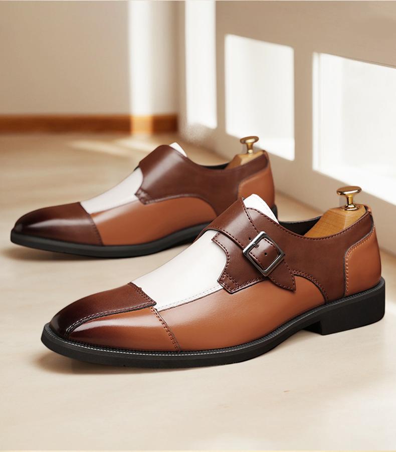 Men's Two-Tone Monk Strap Dress Shoes, Brown & White Formal Leather Shoes81960