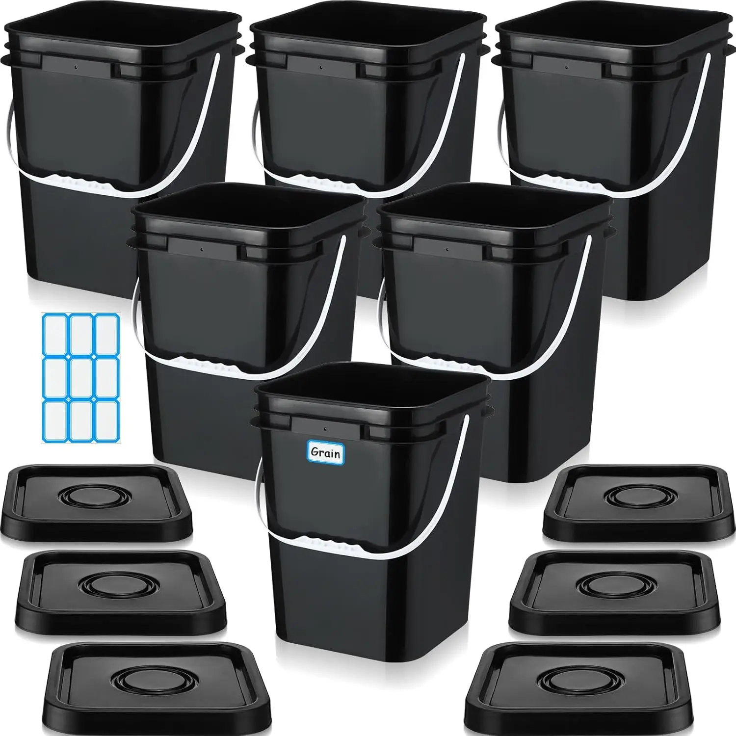 6 count 5 Gallon Square Bucket Pail with Plastic Handle and Lid Storage  Container Industrial Pail with DIY Label Sticker for Multipurpose  Water Art Crafts Project(Black)