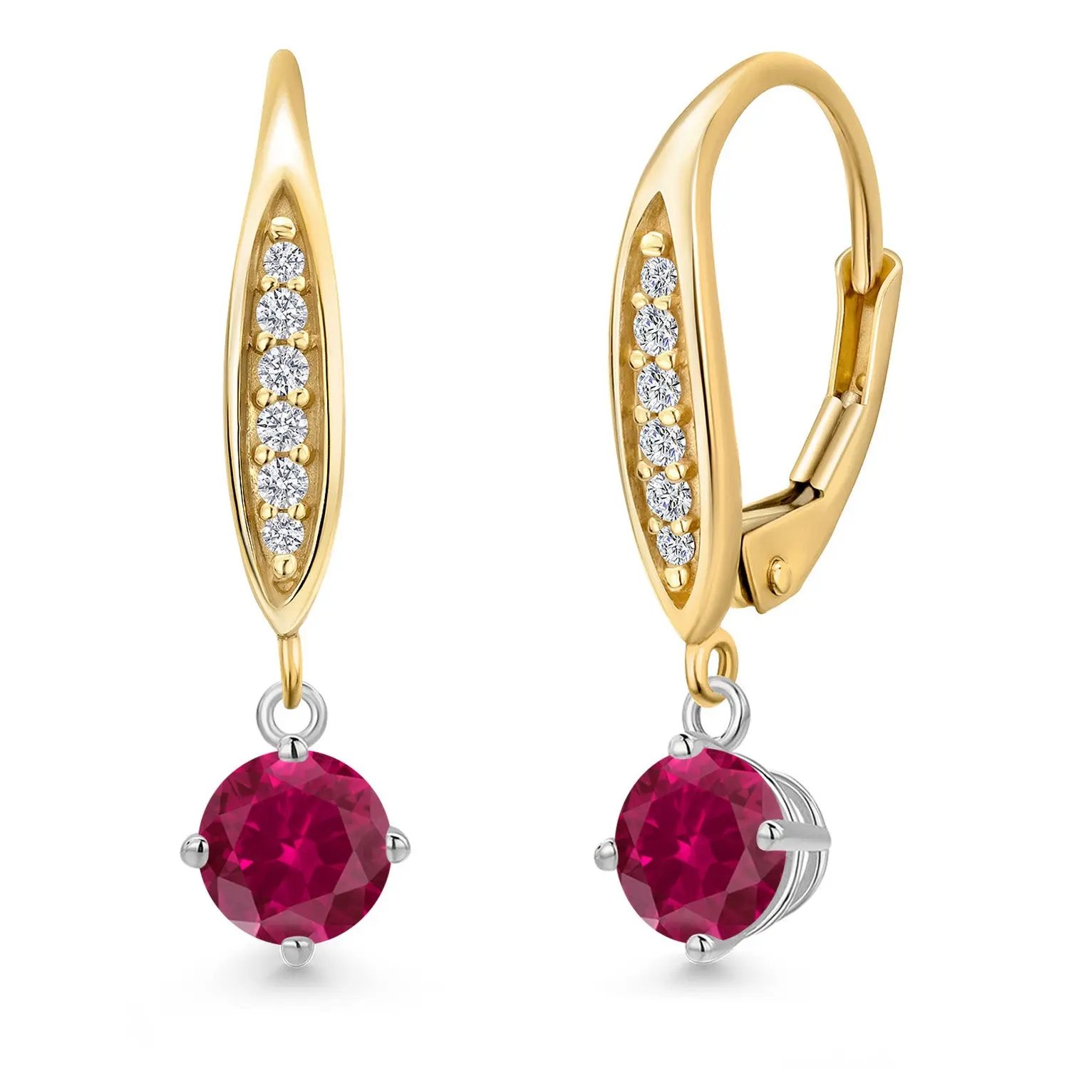 Gem Stone King 925 Silver and 10K Yellow Gold Red Created Ruby and Lab Grown Diamond Dangle Earrings for Women | 1.29 Cttw | Gemstone July Birthstone | Round 5MM