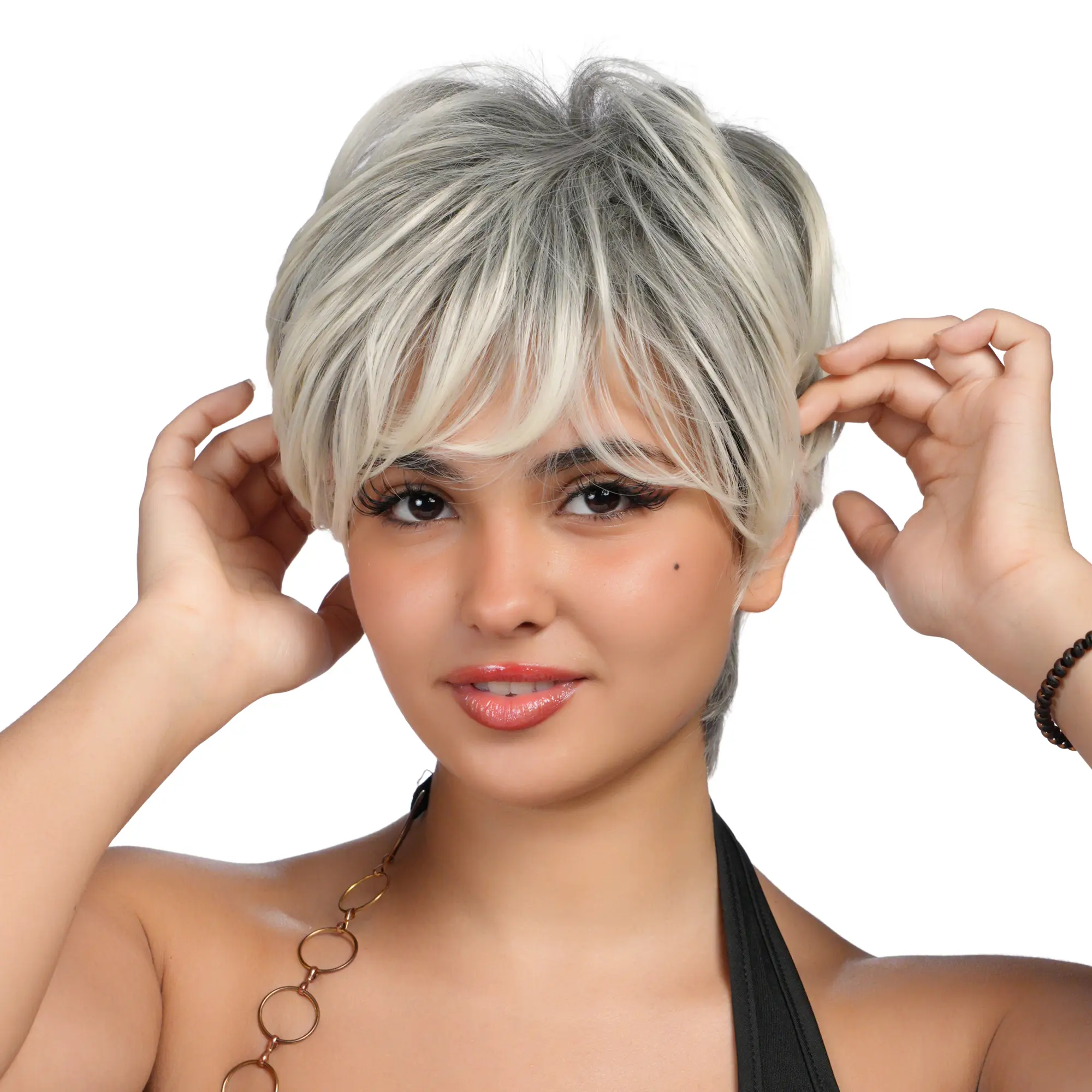 New 'SOMMERSET' Warm Platinum Tipped Gray (Grey Tones, Dimensional Color) Voluminous Pixie Bob Synthetic Wig | 【Cap Included】| 63FSGB