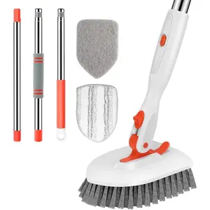 GLUMZRK Floor Scrub Brush, 3-In-1 Tile Tub Floor Scrubber with 52-inch Adjustable Long Handle Shower Cleaner and 3 Detachable Replacement Brush Heads for Cleaning Bathroom Kitchen Walls Tub Tile