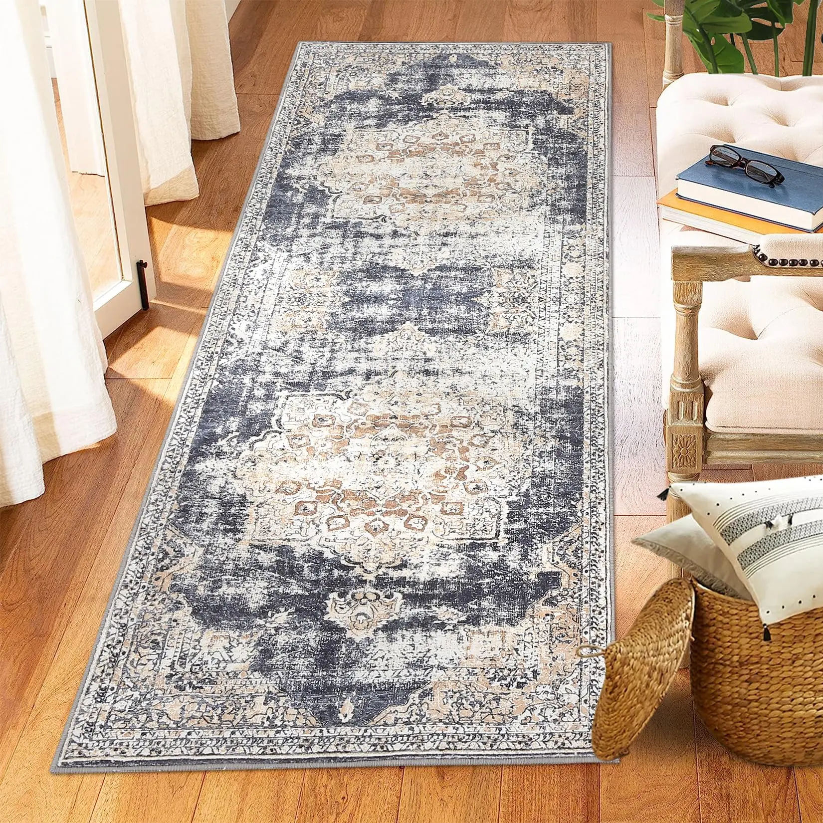 【GARVEE】Oriental Medallion Printed Runner Rug, 2x6 Low Profile Pile Rubber Backing Indoor Vintage Area Rugs, Ideal for Living Room Dining Room Bedroom Office, Beige
